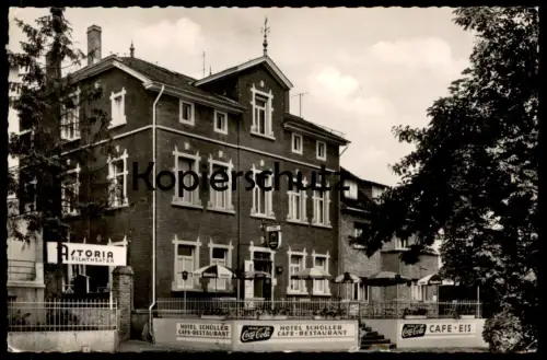 ÄLTERE POSTKARTE LANGENLONSHEIM BAHNHOF HOTEL CAFÉ PENSION SCHÜLLER TRINK COCA-COLA COKE ASTORIA FILMTHEATER Stromberg