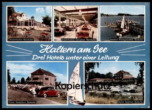 ÄLTERE POSTKARTE HALTERN AM SEE DREI HOTELS UNTER EINER LEITUNG VW KÄFER CABRIO HOTEL SEESTERN SEEHOF STADTMÜHLE AK cpa