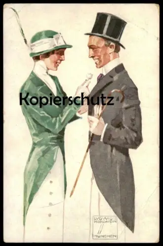 ALTE POSTKARTE LUDWIG HOHLWEIN BAYERISCHER BLUMENTAG OFFIZIELLE POSTKARTE GANZSACHE PAAR MODE ZYLINDER HUT Ansichtskarte