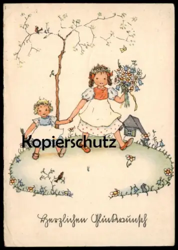 ALTE KÜNSTLER POSTKARTE HERZLICHEN GLÜCKWUNSCH KINDER MÄDCHEN BLUMEN VOGEL BAUM REICHSLOTTERIE PAUL VETTER SOLINGEN