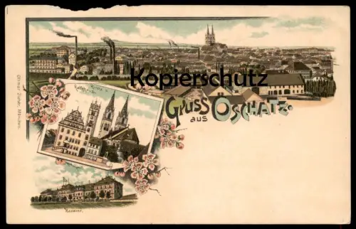 ALTE LITHO POSTKARTE GRUSS AUS OSCHATZ PANORAMA KIRCHE UND RATHHAUS KASERNE Rathaus Ansichtskarte AK cpa postcard