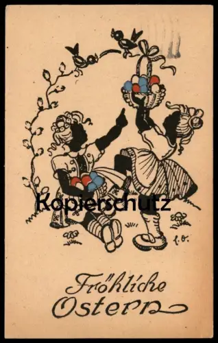 ALTE POSTKARTE FRÖHLICHE OSTERN MÄDCHEN OSTEREIER FARBIG SCHATTENBILD KIND SCHERENSCHNITT easter enfant child AK