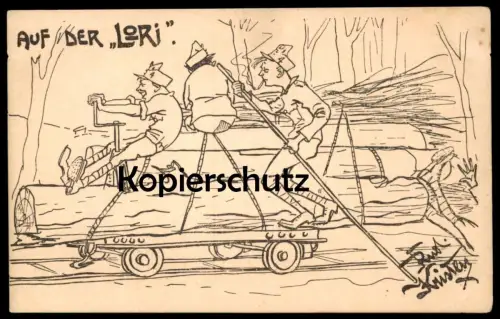 ALTE KÜNSTLER POSTKARTE AUF DER LORI FRONT WELTKRIEG SOLDAT RUDOLF KRISTEN Militär Feldbahn Lore Humor Ansichtskarte AK