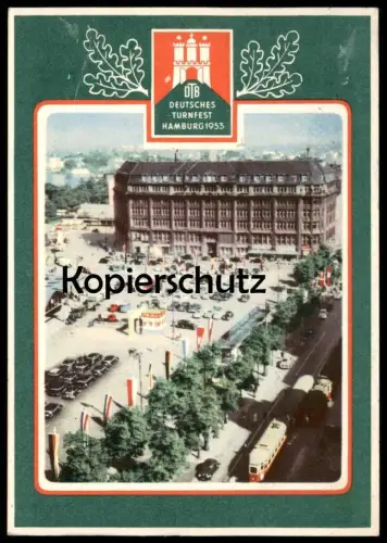 ALTE POSTKARTE HAMBURG DEUTSCHES TURNFEST 1953 DTB STRASSENBAHN PKW AUTO AUTOS FLAGGEN Ansichtskarte AK postcard cpa
