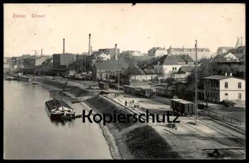 ALTE POSTKARTE RIESA ELBQUAI KAI ELBE FRACHTSCHIFF SCHIFF WAGGONS ZUG WAGGON SCHIENE FRACHT cargo AK postcard cpa