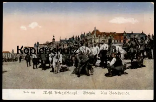 ALTE POSTKARTE OSTENDE AM BADESTRANDE WESTLICHER KRIEGSSCHAUPLATZ Badestrand Strand plage beach Oostende Militär cpa AK