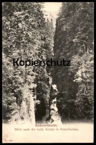 ALTE POSTKARTE ZACKELSCHLUCHT BLICK NACH DER KATHOLISCHEN KIRCHE SCHREIBERHAU RIESENGEBIRGE Szklarska Poreba Schlesien