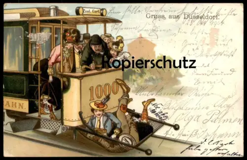 ALTE POSTKARTE GRUSS AUS DÜSSELDORF STRASSENBAHN ZOOLOGISCHER GARTEN FUSSGÄNGER HUMOR Tram Ansichtskarte postcard cpa