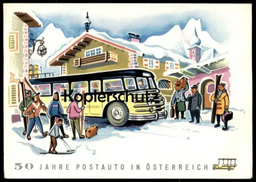 ALTE POSTKARTE 50 JAHRE POSTBUS ÖSTERREICH SKI-FAHRER STEMPEL JUBILÄUMSFAHRT SALZBURG 2 KRAFTPOST BUS AK postcard cpa