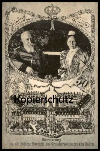 ALTE POSTKARTE KARLSRUHE SCHLOSS ERINNERUNG AN DIE GOLDENE HOCHZEIT DES GROSSHERZOGPAARES VON BADEN Ansichtskarte AK