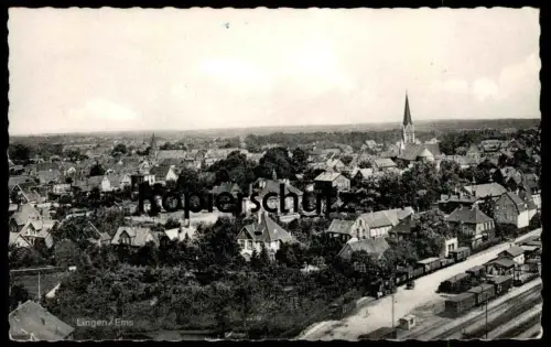 ÄLTERE POSTKARTE LINGEN EMSLAND PANORAMA MIT BAHNHOF ZUG GÜTERWAGGON WAGGONS station gare AK Ansichtskarte postcard cpa