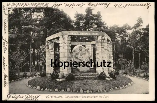 ALTE POSTKARTE GÜTERSLOH JAHRHUNDERT GEDENKSTEIN IM PARK 1913 DEN HELDEN VON 1813 LEIPZIG AK Ansichtskarte postcard cpa