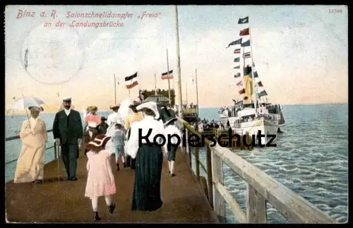 ALTE POSTKARTE BINZ AUF RÜGEN SALONSCHNELLDAMPFER FREIA LANDUNGSBRÜCKE DAMPFER Schiff postcard steamship steamboat ship