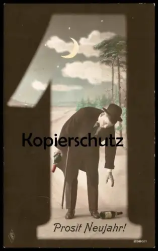 ALTE POSTKARTE PROSIT NEUJAHR 1 MANN & SEKT ALKOHOL MOND Champagne Sleigh sparkling wine surrealsime Ansichtskarte cpa