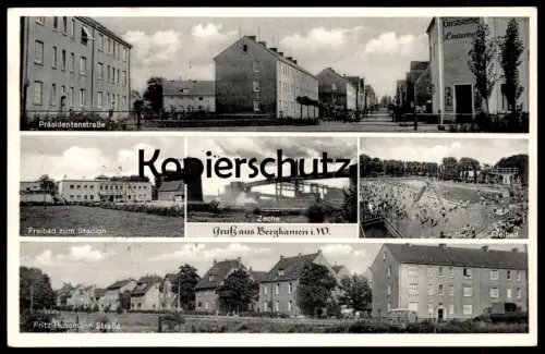 ÄLTERE POSTKARTE GRUSS AUS BERGKAMEN ZECHE PRÄSIDENTENSTRASSE FREIBAD ZUM STADION FRITZ HUSEMANN STRASSE KAMEN AK