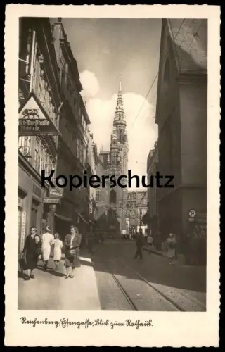 ALTE POSTKARTE REICHENBERG LIBEREC EISENGASSE BLICK ZUM RATHAUS FLEISCH-WURSTHALLE PFOHL Sudeten Ansichtskarte postcard