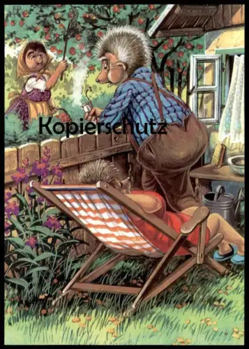 ÄLTERE POSTKARTE MECKI IM GARTEN NACHBARSCHAFT LIEGESTUHL IGEL DDR PLANET VERLAG hedgehog pipe Ansichtskarte postcard