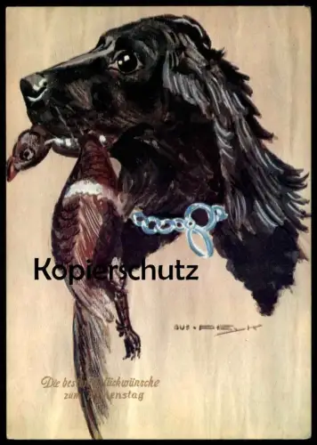 ÄLTERE POSTKARTE APORTIERHUND PEYK GLÜCKWÜNSCHE ZUM NAMENSTAG JAGDHUND JAGD retriever dog chien hunting cpa AK postcard