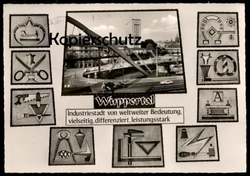 ÄLTERE POSTKARTE WUPPERTAL INDUSTRIESTADT VON WELTWEITER BEDEUTUNG SÄGE SCHERE ZANGE SCHREINER METZGER BREZEL BERUFE