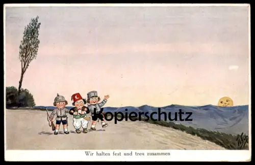 ALTE POSTKARTE MILITÄR WIR HALTEN FEST UND TREU ZUSAMMEN 1. WELTKRIEG SOLDATEN HALBMOND TÜRKEI UNIFORM Soldat soldier AK