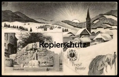 ALTE POSTKARTE OSNABRÜCK PROSIT NEUJAHR HAARMANNSBRUNNEN DAS NEUE JAHR SONNE DAS ALTE JAHR GREIS Ansichtskarte AK cpa