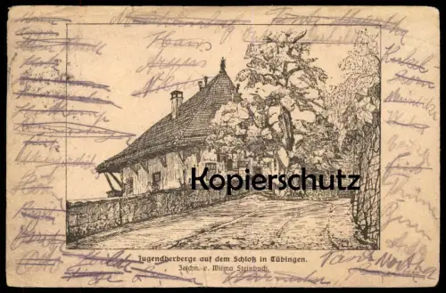ALTE POSTKARTE TÜBINGEN JUGENDHERBERGE AUF DEM SCHLOSS ZEICHNUNG VON WILMA STEINBUCH STEMPEL WÜRTT. BAHN-POST postcard