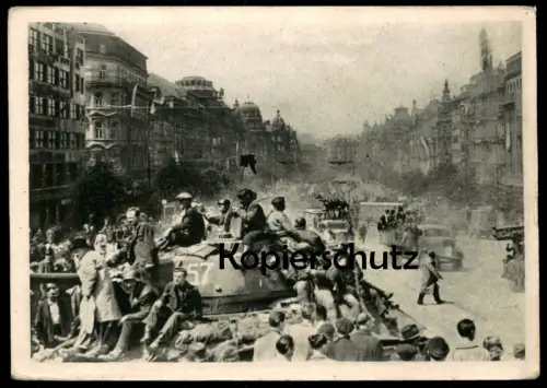 ALTE POSTKARTE OSVOBOZENE PRAHA VACLAVSKE NAMESTI 1945 BEFREIUNG END OF WAR MILITÄR Panzer tank Ceska Repbulika postcard