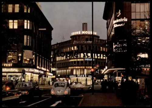 ÄLTERE POSTKARTE DÜSSELDORF ABENDS AM CORNELIUSPLATZ VW KÄFER VOLKSWAGEN CONSTRUCTA TEPPICHHAUS REKLAME cpa postcard