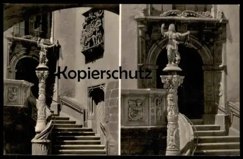 ALTE POSTKARTE GÖRLITZ RATHAUSTREPPE MIT VERKÜNDIGUNGSKANZEL JUSTITIASÄULE UND CORVINUSWAPPEN ZGORZELEC postcard AK