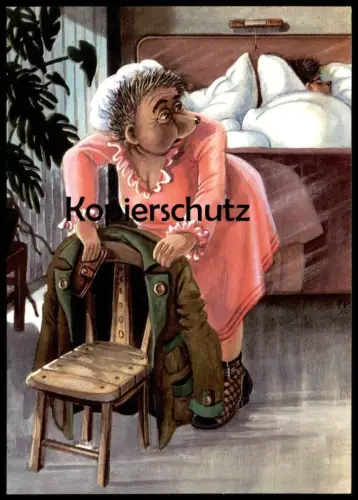 ÄLTERE POSTKARTE MECKI SCHLAFZIMMER BETT SCHLAFEN JACKE IGEL DDR PLANET VERLAG hedgehog bed Ansichtskarte cpa postcard