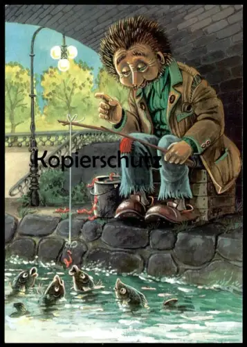 ÄLTERE POSTKARTE MECKI ALS ANGLER FISCHE KÖDER WURM FISCH IGEL DDR PLANET VERLAG fishing hedgehog Ansichtskarte postcard