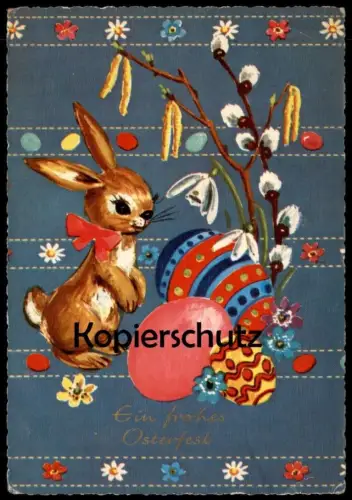 ÄLTERE POSTKARTE EIN FROHES OSTERFEST OSTERHASE WEIDENKÄTZCHEN BUNTE EIER BLUMEN Ostern Easter eggs Ansichtskarte AK cpa