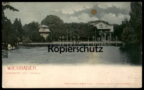 ALTE POSTKARTE WIESBADEN KURGARTEN VOM TEICH GOLDENER MOND MONDSCHEIN VERGOLDET Ansichtskarte AK postcard cpa