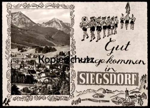 ÄLTERE POSTKARTE GUT ANGEKOMMEN IN SIEGSDORF PANORAMA BLASKAPELLE TUBA POSAUNE Ansichtskarte cpa postcard