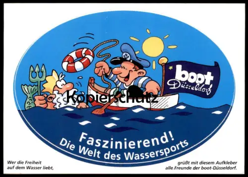 ÄLTERE POSTKARTE DÜSSELDORF BOOT NEPTUN DREIZACK KAPITÄN RETTUNGSRING MESSE WASSERSPORTMESSE AUSSTELLUNG AUFKLEBER AK