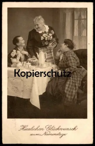 ALTE POSTKARTE NAMENSTAG KAFFEETAFEL KUCHEN KAFFEE ZUCKERDOSE sucrier sugar bowl cake women femmes Porzellan porcelain