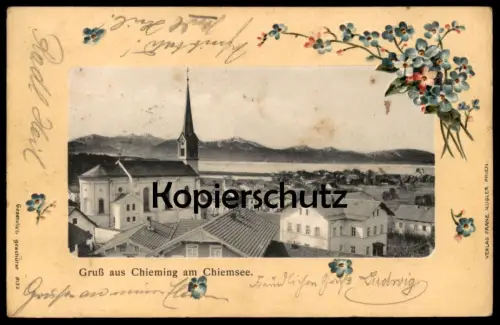 ALTE PRÄGE POSTKARTE GRUSS AUS CHIEMING AM CHIEMSEE PANORAMA 1907 GESAMTANSICHT BAYERN VERLAG KUGLER PRIEN Ansichtskarte