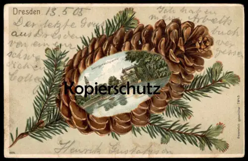 ALTE PRÄGE LITHO POSTKARTE DRESDEN ZWINGERTEICHPARTIE ZWINGER TEICH TANNENZAPFEN ZAPFEN Ansichtskarte AK postcard cpa