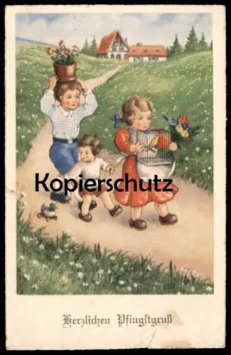 ALTE POSTKARTE KINDER MIT VOGELKÄFIG BLUMENTOPF VOGEL ENTE SPIELZEUG Vogelbauer Mädchen Junge enfants children postcard