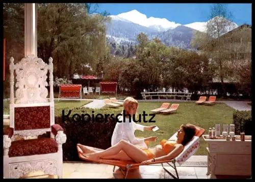 ÄLTERE POSTKARTE GARMISCH PARTENKIRCHEN HAUS TANNENBERG GARTEN MIT BLICK ZUR ZUGSPITZE BIKINI ELIZABETH BRACKMANN