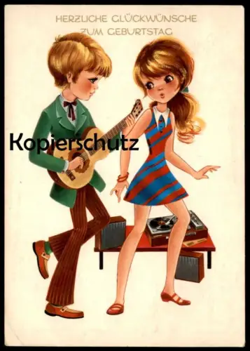 ÄLTERE POSTKARTE HERZLICHE GLÜCKWUNSCHE ZUM GEBURTSTAG PAAR GITARRE PLATTENSPIELER turntable plaque tournante couple cpa