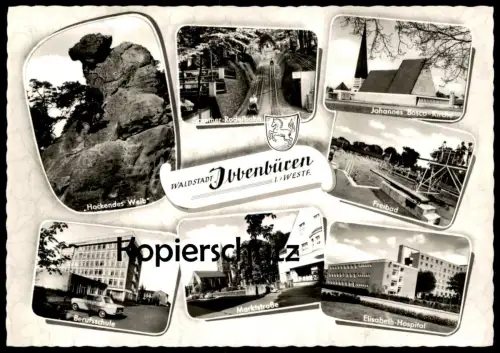 ÄLTERE POSTKARTE WALDSTADT IBBENBÜREN SOMMER-RODELBAHN HOCKENDES WEIB BERUFSSCHULE BOSCO KIRCHE Ansichtskarte postcard