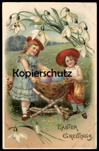 ALTE PRÄGE POSTKARTE EASTER GREETINGS EGGS GIRLS KINDER MÄDCHEN OSTERN BUNTE EIER paques embossed gaufree postcard cpa