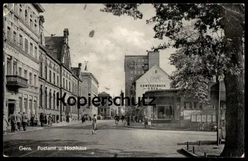 ÄLTERE POSTKARTE GERA POSTAMT UND HOCHHAUS POST GEWERBEBANK BANK UHR clock horloge Ansichtskarte AK postcard cpa