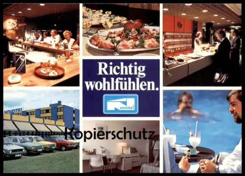 ÄLTERE POSTKARTE DORTMUND NOVOTEL HOTEL RICHTIG WOHLFÜHLEN VW MERCEDES BMW BIER BUFFET THEKE Ansichtskarte AK postcard