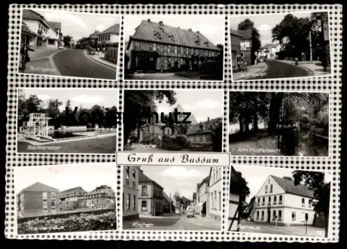 ÄLTERE POSTKARTE GRUSS AUS BASSUM SULINGER STRASSE FRANZ VICK ZENITH UHREN BADEANSTALT KIRCHSTRASSE KRANKENHAUS RATHAUS