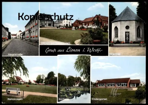 ÄLTERE POSTKARTE LIENEN IN WESTFALEN 1000 JÄHRIGER GEDENKSTEIN EHRENMAL HAUPTSTRASSE Teutoburger Wald Ansichtskarte