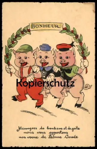 ALTE POSTKARTE BONHEUR BONNE ANNÉE VERMENSCHLICHTE SCHWEINE HUMANISED PIGS COCHON HUMANISE NEUJAHR postcard cpa AK