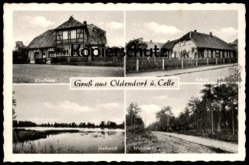 ALTE POSTKARTE OLDENDORF ÜBER CELLE KAUFHAUS SCHULE FISCHTEICH WALDPARTIE SÜDHEIDE Niedersachsen Ansichtskarte postcard