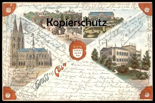 ALTE LITHO POSTKARTE GRUSS AUS CÖLN ZOOLOGISCHER GARTEN FLORA DOM WAPPEN WALLRAF RICHARTZ MUSEUM KÖLN ZOO KÄFIGE AK